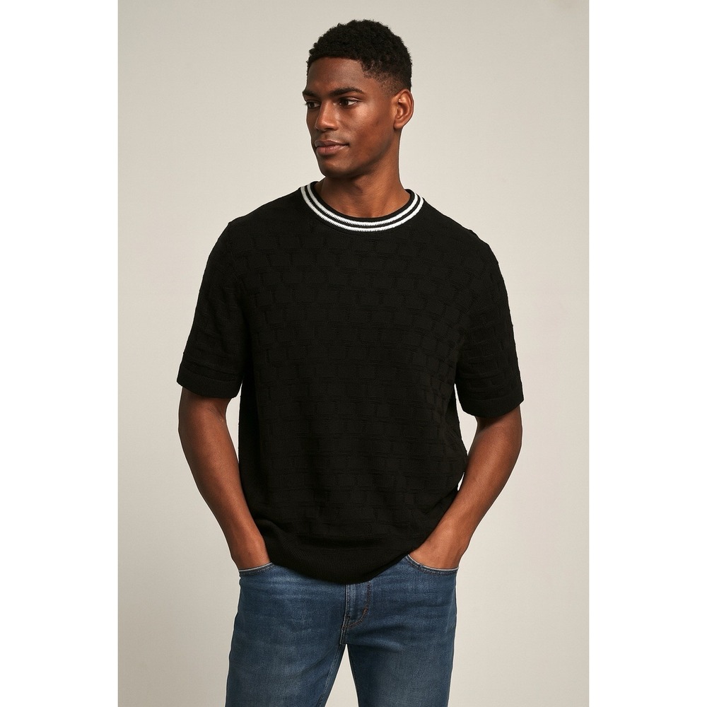 Express Sweater Mens L Black Tipped Crew Neck Textured Knit Preppy Smart Casual